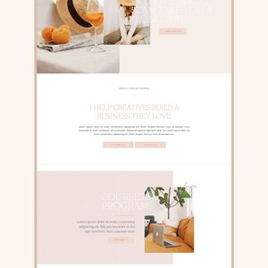 May include: A website homepage for a business called "peachy" that helps creatives build a business they love. The website features a photo of a woman wearing a straw hat and a white sweater, sitting on a couch with a glass of wine. The text "Hey, dreamer. A little magic can take you a long way." is displayed on the website. The website also features a section for courses and programs, and a section for brand design.