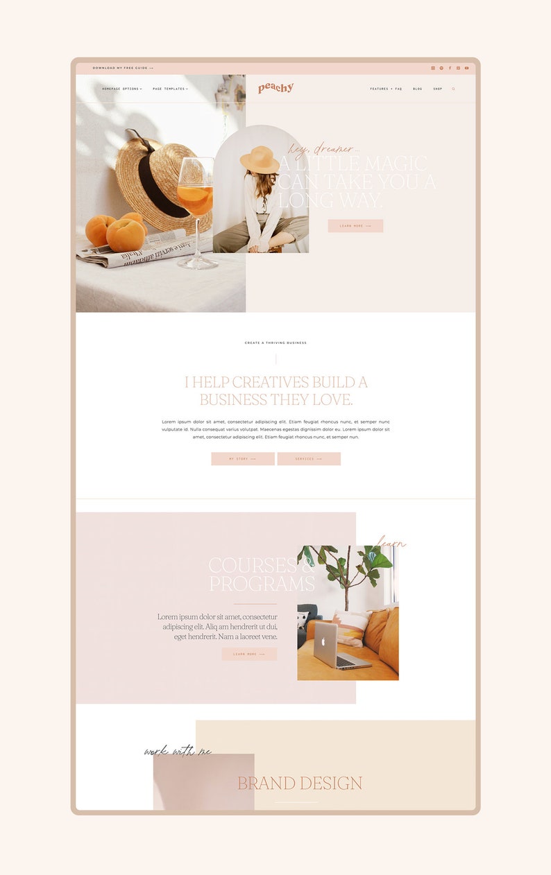 May include: A website homepage for a business called "peachy" that helps creatives build a business they love. The website features a photo of a woman wearing a straw hat and a white sweater, sitting on a couch with a glass of wine. The text "Hey, dreamer. A little magic can take you a long way." is displayed on the website. The website also features a section for courses and programs, and a section for brand design.