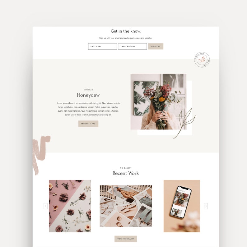 Mockup of the Honeydew WordPress theme designed on the Kadence theme that is perfect for bloggers, photographers, and creatives, showcasing a beautiful gallery and portfolio to display their work and creativity