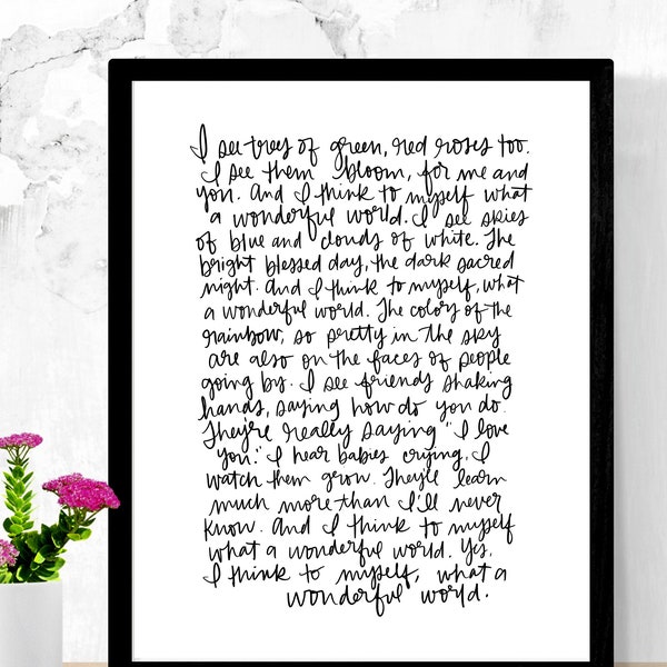 What a Wonderful World - Letras de canciones de Louis Armstrong - escritas a mano - Arte de la pared - Decoración - Signo - Amor - Familia - Boda - Regalo