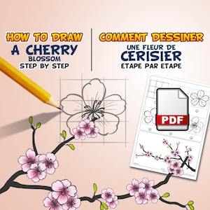 Puede incluir: Ilustración de un tutorial de dibujo de flores de cerezo. La imagen presenta un lápiz que dibuja una flor de cerezo, con el texto "Cómo dibujar una flor de cerezo paso a paso". También se muestra un PDF con dibujos de flores de cerezo.