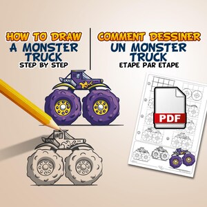 May include: How to draw a monster truck step-by-step. The image shows a purple monster truck with flames on the side and large wheels. The drawing is in progress, with the truck outlined in black and the wheels shaded in gray. The image also includes a PDF document with a grid and steps for drawing the monster truck.