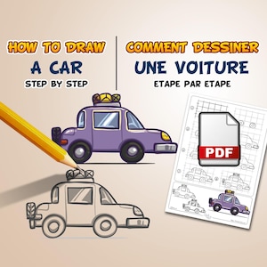 May include: Illustration of a purple cartoon car with the text "HOW TO DRAW A CAR STEP BY STEP" and "PDF". A yellow pencil points towards the car. A drawing of a car is also shown.