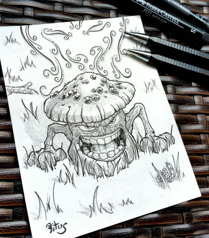 Evil Mushroom original pencil and inked drawing image 2