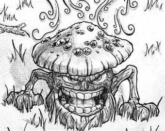 Evil mushroom - original pencil and inked drawing