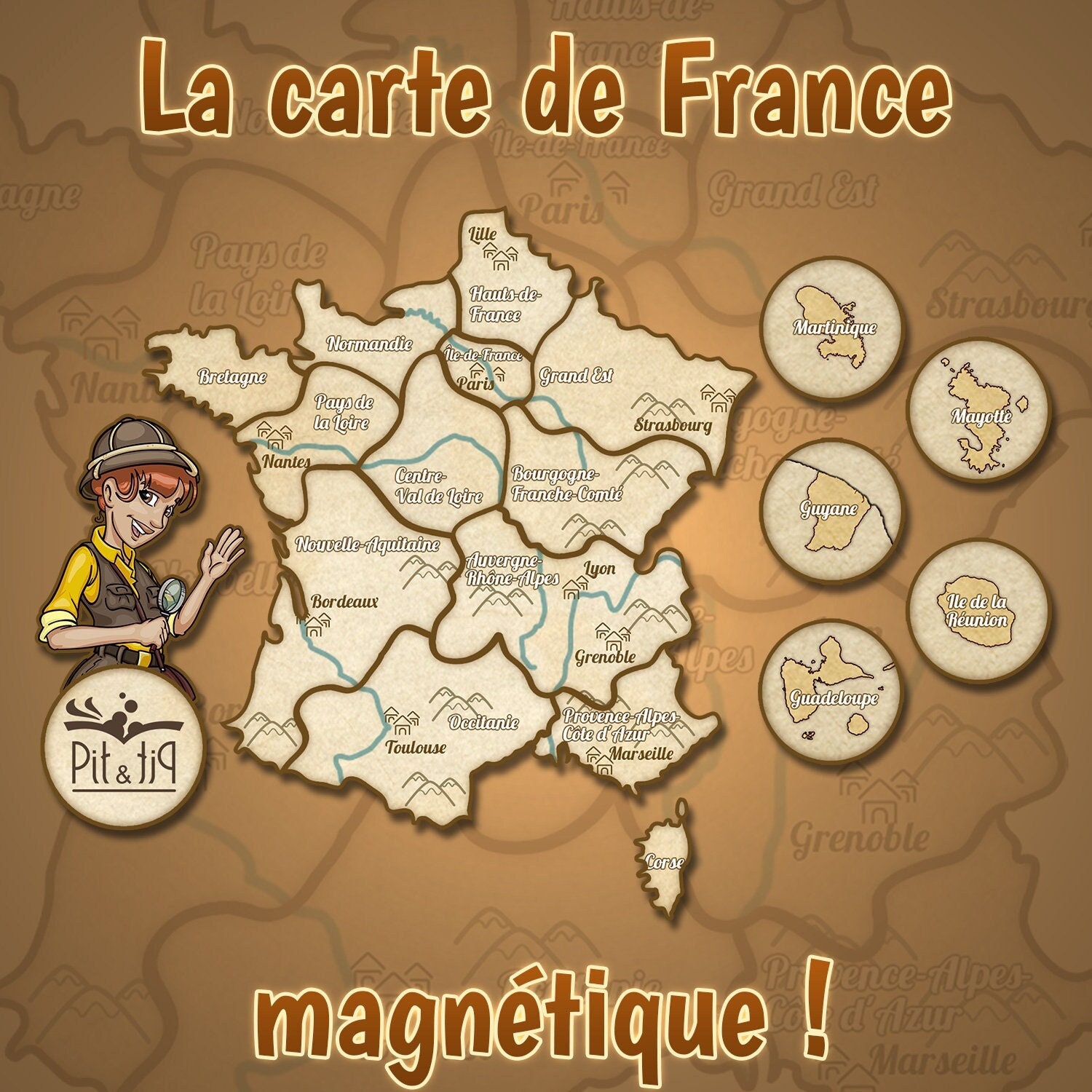 Carte de France Magnétique Pit&pit Pour Réfrigérateur Tableau Surfaces Métalliques