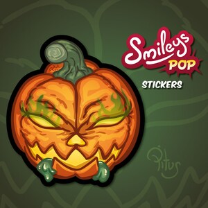 Puede incluir: Una calabaza verde y naranja con una expresión amenazante. La calabaza tiene llamas como cejas y una sustancia verde que gotea de su boca. El texto "Smileys POP STICKERS" es visible en el fondo.