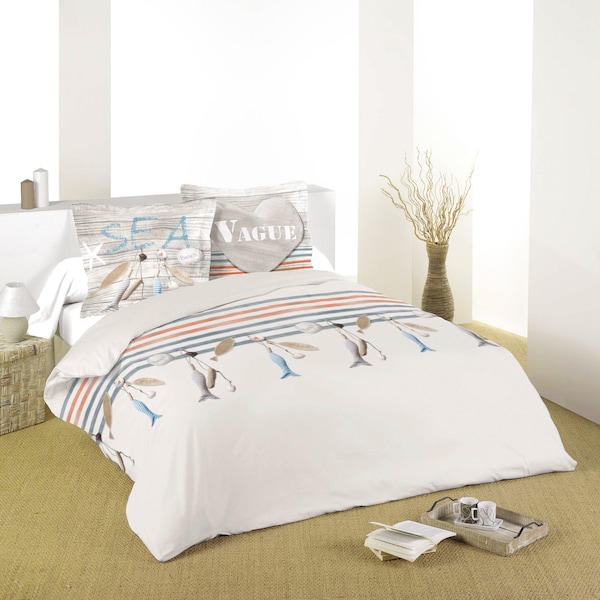 housse de couette, duvet cover motif mer, sea, plage, bateau en coton kit 3 pièces dimension queen