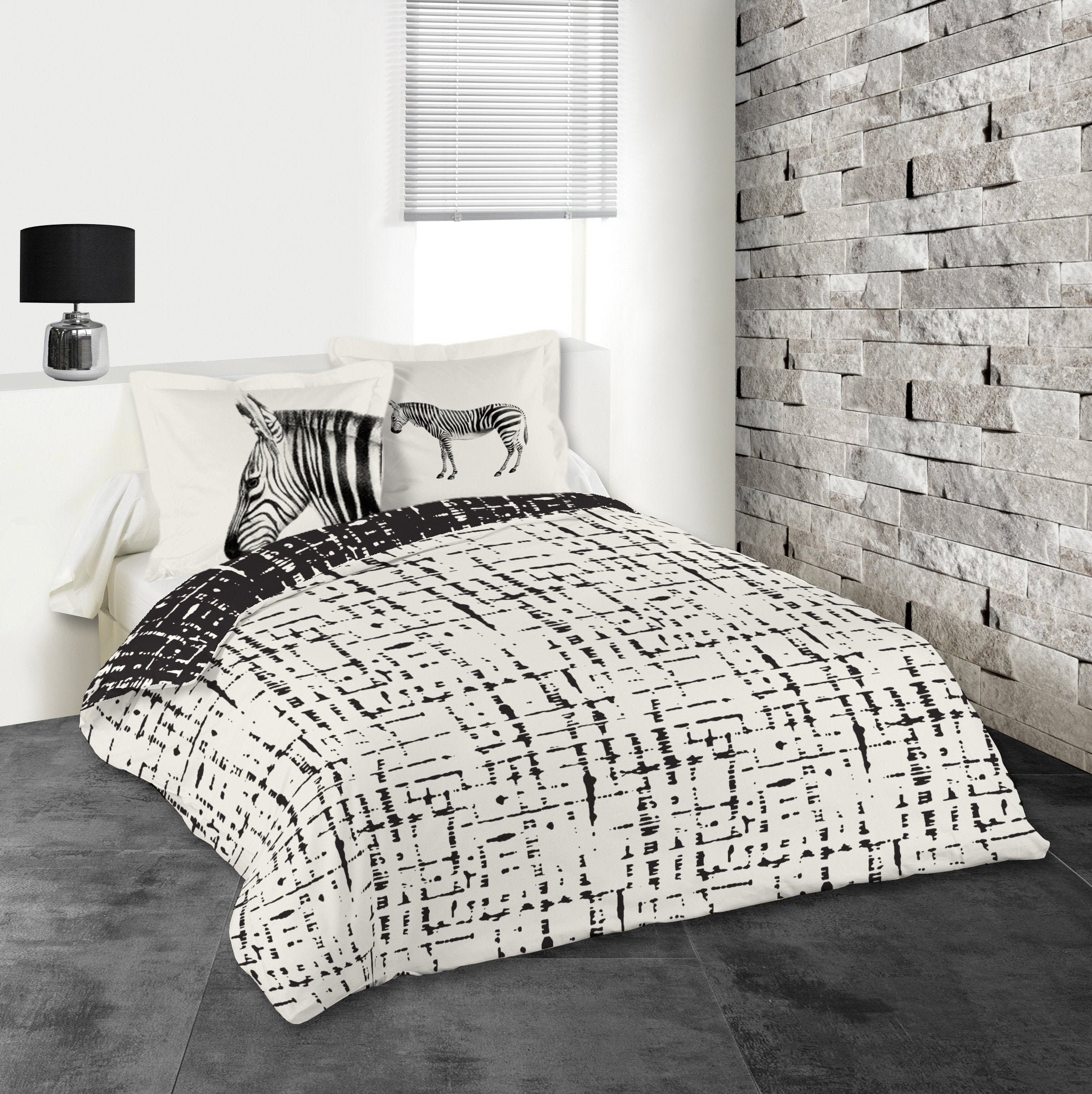 Grey White Cotton Duvet Cover and Black Savannah Zebra Pattern Queen
