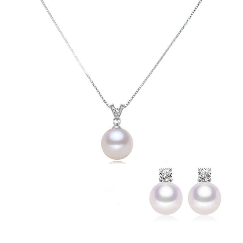 Stella White Freshwater Pearl Necklace and Earring Set with cubic zirconia stones AAA