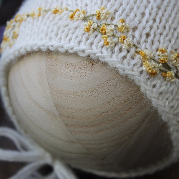Delicate yellow flower embroidered bonnet and wrap - newborn - photography props