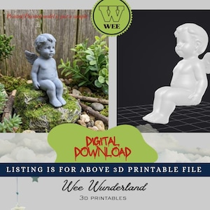 May include: The image showcases a 3D printable file for a cherub statue. The design is available for print and paint, with a solid color option. The listing is from Wee Wunderland, offering 3D printables. The image also includes the text "DIGITAL DOWNLOAD".