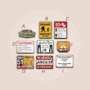 Miniature warning signs, Miniature dollhouse decor wall art, shadowbox, roombox, 1/12 scale, 1:6 scale artwork, gallery closet, wood cutouts