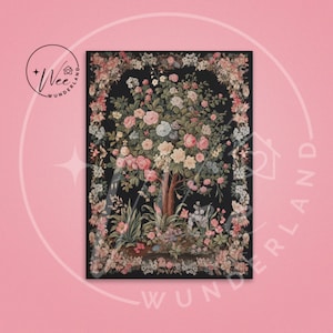 May include: A vintage tapestry featuring a floral design with a large tree in the center. The tree is surrounded by pink, white, and yellow flowers. The tapestry has a black background and a dark brown frame.