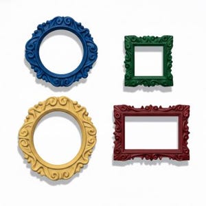 Puede incluir: Cuatro marcos de fotos ornamentados de varias formas y colores se muestran sobre un fondo blanco. Los marcos incluyen un marco circular azul, un marco cuadrado verde, un marco circular amarillo y un marco rectangular burdeos.