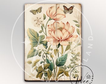 Puede incluir: Una impresión floral de estilo vintage en un panel de madera presenta una gran flor rosa con delicadas hojas verdes y dos mariposas. El fondo es beige claro con una textura de madera desgastada.