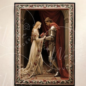 May include: A tapestry depicting a knight in armor presenting a bouquet of red roses to a woman in a white gown. The scene is set in a medieval castle with a red velvet curtain and stone pillars. The tapestry is framed in a dark wood frame.