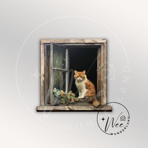 May include: A ginger and white cat sits in a windowsill looking out of a weathered wooden window. The window is open and there are flowers in the window box.