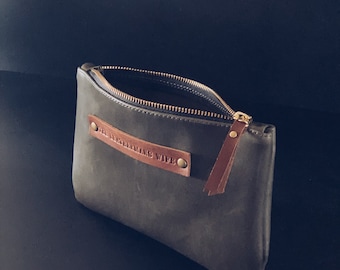 Khaki leather hide utility pouch/ tool case/ wallet/ purse/ zipper pouch/ pencil case/ knitting case/ travel wallet/ passport