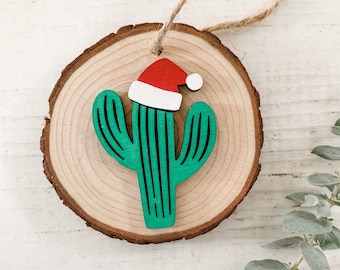 Saguaro Cactus Christmas Ornament: 3D Wood Slice, Arizona Desert Decor