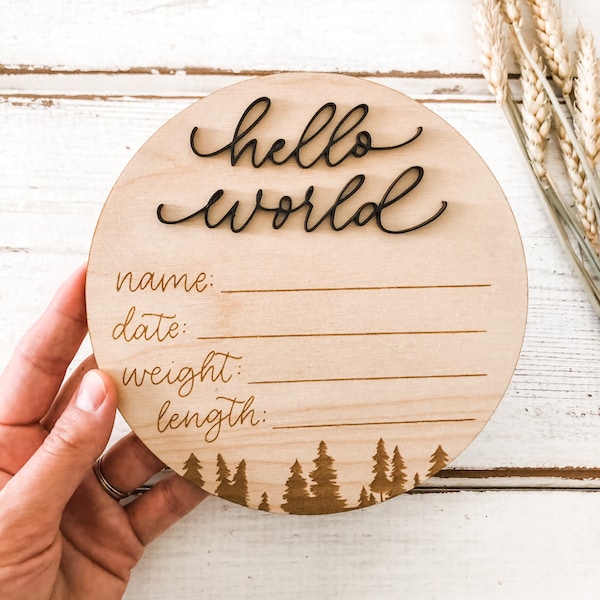 Forest Birth Announcement Sign / Customized Baby Gift / Wooden Round 3D Baby Name Plaque / Birth Stat Sign / Handlettered / Hello World