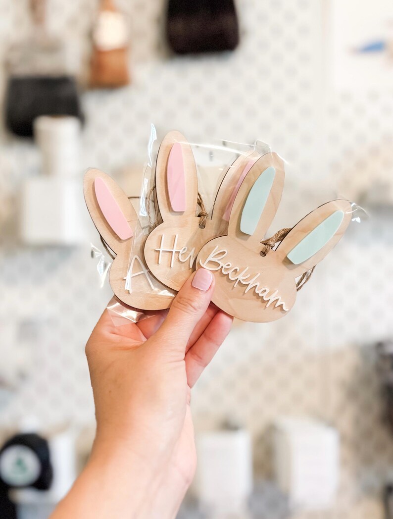 Personalized Easter Basket Tag: Hand Lettered Wooden Bunny Name Tag image 5