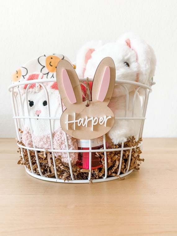 Personalized Easter Basket Tag: Hand Lettered Wooden Bunny Name Tag