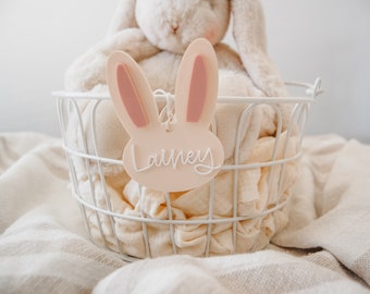 Matte Ivory Hand Lettered Easter Bunny Name Tag | Personalized Easter Basket Name Tag | Neutral 3D Acrylic Rabbit Tag for Kids Easter Basket