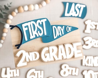 Blue First & Last Day of School Sign | Reusable School Milestone Board for Boys | Magnetic Grade Pieces | Back to School Photos