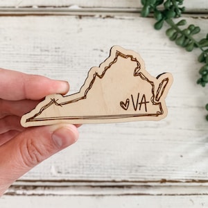 Virginia Wood State Outline Magnet / Cute Refrigerator Magnets / Laser Engraved VA Magnet / Closing Housewarming Gift / hand lettered image 1