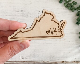 Virginia Wood State Outline Magnet / Cute Refrigerator Magnets / Laser Engraved VA Magnet / Closing Housewarming Gift / hand lettered