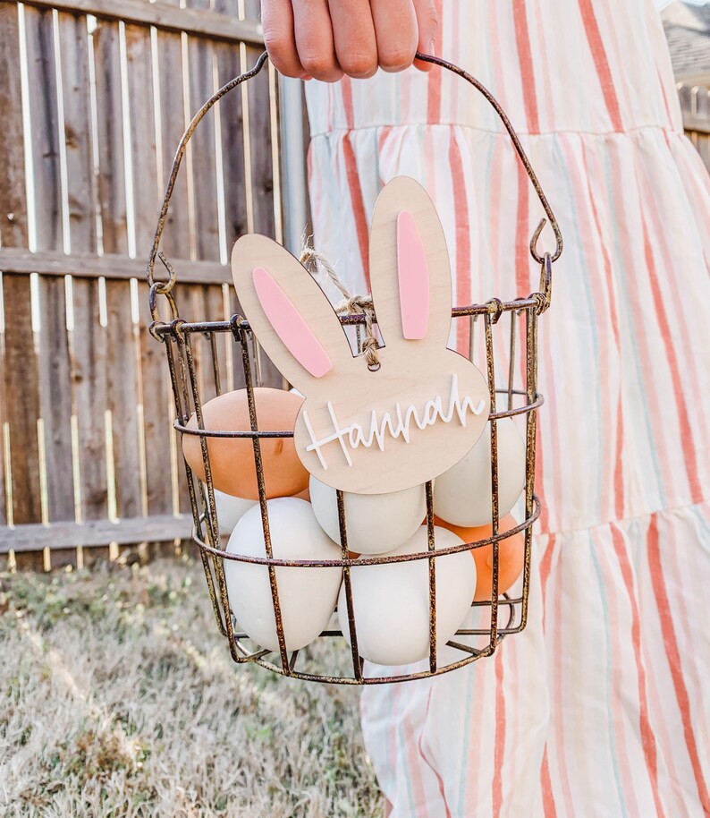 Personalized Easter Basket Tag: Hand Lettered Wooden Bunny Name Tag image 13