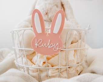 Personalized Easter Basket Tag: Matte Pink Acrylic Bunny Name Tag