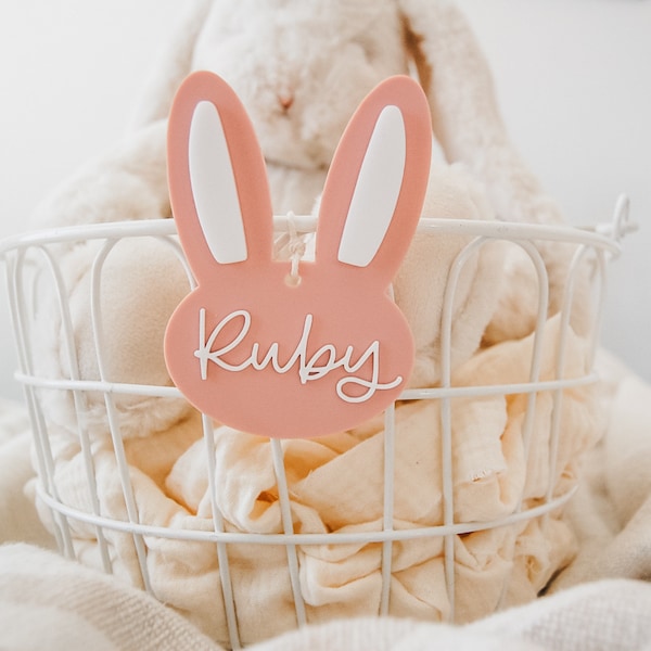 Matte Pink Hand Lettered Easter Bunny Name Tags | Personalized Easter Basket Name Tag | 3D Acrylic Rabbit Tag for Girls Kids Easter Basket