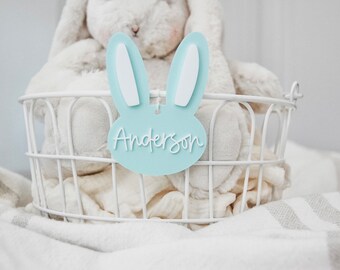 Personalized Easter Basket Tag: Matte Blue Acrylic Bunny Name Tag