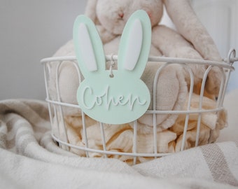 Personalized Easter Basket Tag: Hand Lettered Matte Green Acrylic Bunny Name Tag
