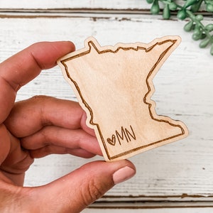 Wooden Minnesota Magnet / Refrigerator Magnets / Laser Engraved State Magnet / MN Housewarming Gift / Realtor Closing Gift / Hand Lettered
