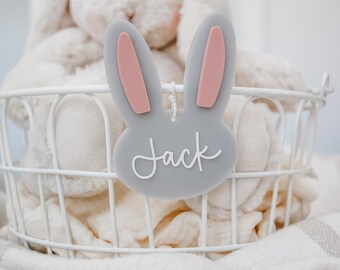 Matte Gray Hand Lettered Easter Bunny Name Tag | Personalized Easter Basket Name Tag | Neutral 3D Acrylic Rabbit Tag for Kids Easter Basket
