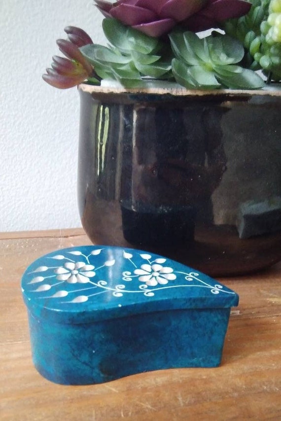 Vintage blue soapstone jewelry box trinket box wit