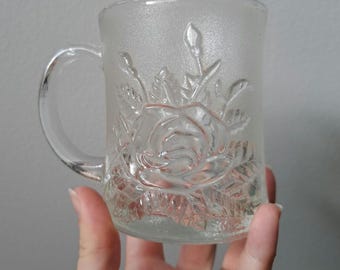 Vintage clear glass cup mug of roses, flowers, embossed