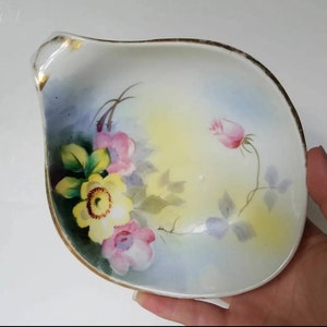 Antique hand painted porcelain one handled dish with gold trim and pastel flowers jewelry dish, candy dish, trinket dish