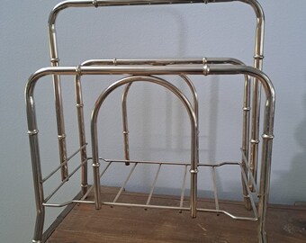 Vintage Brass Bamboo Magazine Rack, Record Holder, Gild Metal Bamboo Magazine Stand, record stand, record rack