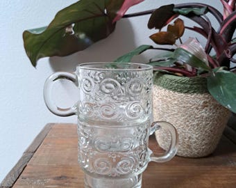 Rare Set of two vintage 8 ounce clear glass mugs by Hazel Atlas, scroll and dots or spiral and dots design, embossed mugs, stackable mugs