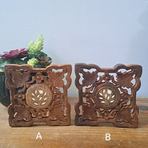 Vintage wood carved trivets flower leaves boho trivets. Boho rustic decor made in India.
