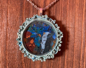 Middle Earth Frame Pendant - Handcrafted Sculpture- Resin & Polymer Clay Sculpture Necklace with Pyrite on Stainless Steel Chain