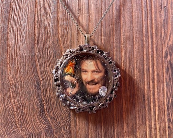 One Does Not Simply  - Middle Earth Frame Pendant - Handcrafted Sculpture- Resin & Polymer Clay Sculpture Necklace with Pyrite