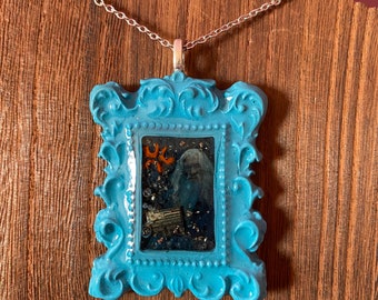 Middle Earth Frame Pendant - Annoyed Wizard- Handcrafted Sculpture- Resin & Polymer Clay Sculpture Necklace with Pyrite