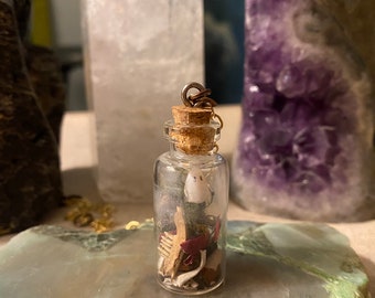 Miniature Ghost Sculpture Necklace in Terrarium with Taxidermy, Moss, Dried Herbs & Flowers, and Gemstones