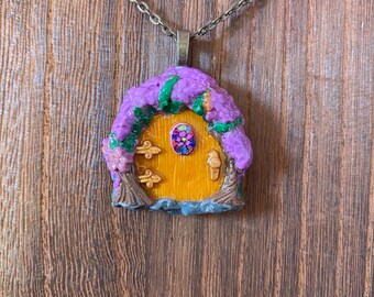 Springtime Orange HobbitFairy Door Pendant - Handcrafted Sculpture- Polymer Clay Sculpture Necklace