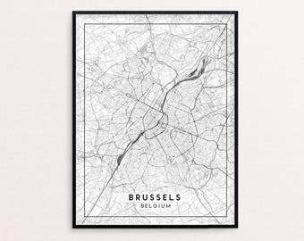 Brussel stad kaart afdrukken, schone eigentijdse poster passen voor Ikea-frame 24 x 34 inch, geschenk kunst voor hem haar, verjaardag gepersonaliseerde reizen